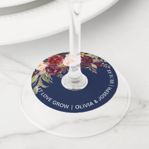 Etiqueta Para Taça De Vinho Casamento Azul de Marinho Floral Burgundy