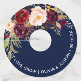 Etiqueta Para Taça De Vinho Casamento Azul-Marinho Floral Borgonha