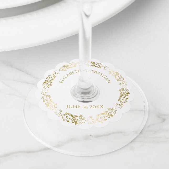 Etiqueta Para Taça De Vinho Casamento chique simples elegante filigrana (Close Up)