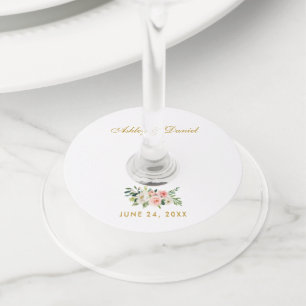 Etiqueta Para Taça De Vinho Casamento Dourado Floral Branco Blush de Cor-de-Ág