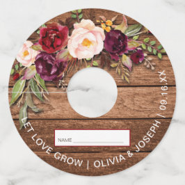 Etiqueta Para Taça De Vinho Casamento Floral de Madeira Rústica em Borgonha