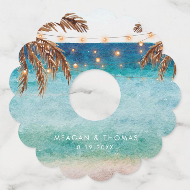 Etiqueta Para Taça De Vinho cena de praia tropical palmeiras (Frente)