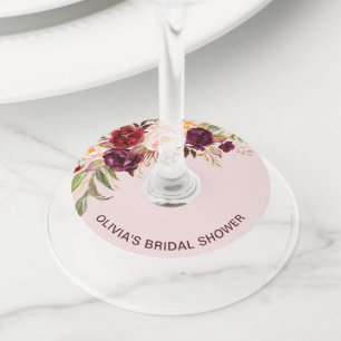Etiqueta Para Taça De Vinho Chá de Bebê Floral Borgonha Rosa
