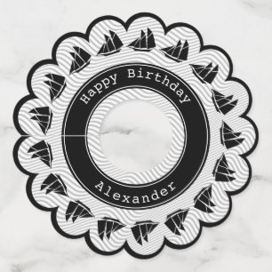 Etiqueta Para Taça De Vinho Escuna - tema náutico do preto/as brancas ondas