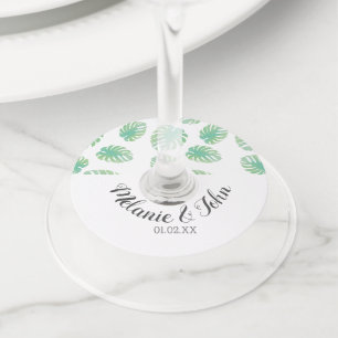 Etiqueta Para Taça De Vinho Folhas Tropicais de Monstera em Aquarela - Nome do