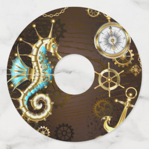 Etiqueta Para Taça De Vinho Fundo de madeira com cavalo de mar mecânico