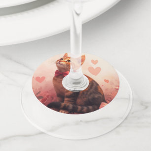 Etiqueta Para Taça De Vinho Gato Abissínio com Rosas - Dia dos Namorados