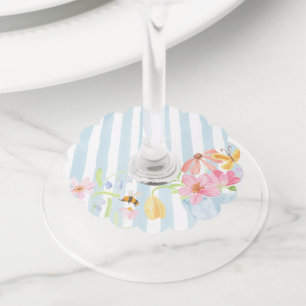 Etiqueta Para Taça De Vinho Listras azuis floral em aquarela caprichosa