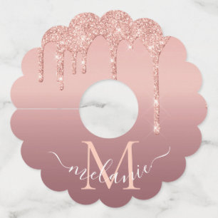 Etiqueta Para Taça De Vinho Nome do Monograma Rosa de Texto Blush Glitter Spar