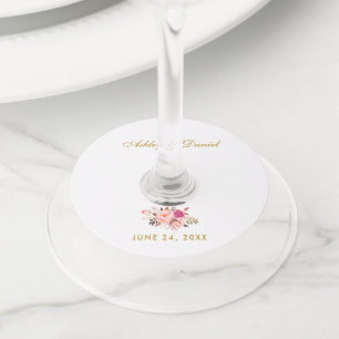 Etiqueta Para Taça De Vinho O rosa floral da aguarela cora casamento Dourado