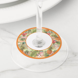Etiqueta Para Taça De Vinho Padrão de Folhas Florais de Fruta de Abacaxi Tropi