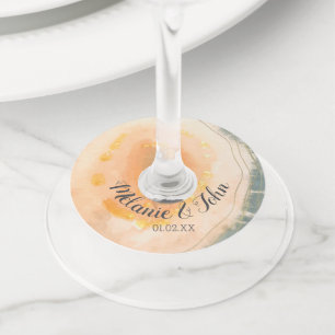 Etiqueta Para Taça De Vinho Pedra de Ágata em Aquarela com Espiral de Folha - 