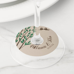 Etiqueta Para Taça De Vinho Rustic Romantic Bird Tree Greenery Casais Nome