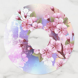 Etiqueta Para Taça De Vinho Sakura rosa no fundo da pintura