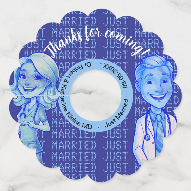 Etiqueta Para Taça De Vinho WEDDING thanks for coming doctors blue cartoon (Verso)