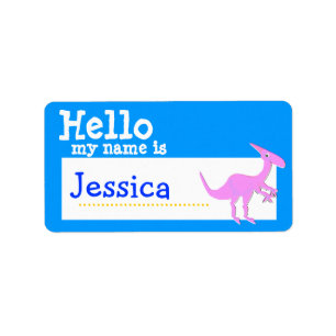 Etiqueta Parasaurolophus cor-de-rosa olá! meu nome é azul