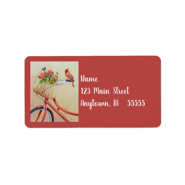 Etiqueta Pássaro Cardeal Empoleirado na Bicicleta Aquarela (Frente)
