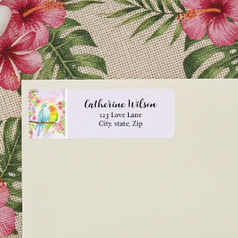 Etiqueta Pássaros do Amor em Aquarela com Flores Rosa