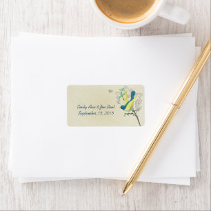 Etiqueta Pássaros Musicais Vintage Azul Verde e Amarelo sob