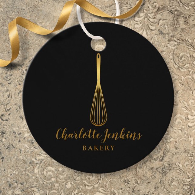 Etiqueta Patisserie da Padaria Dourada Branca Simp (Simple Black Gold Whisk Bakery Patisserie Tag)