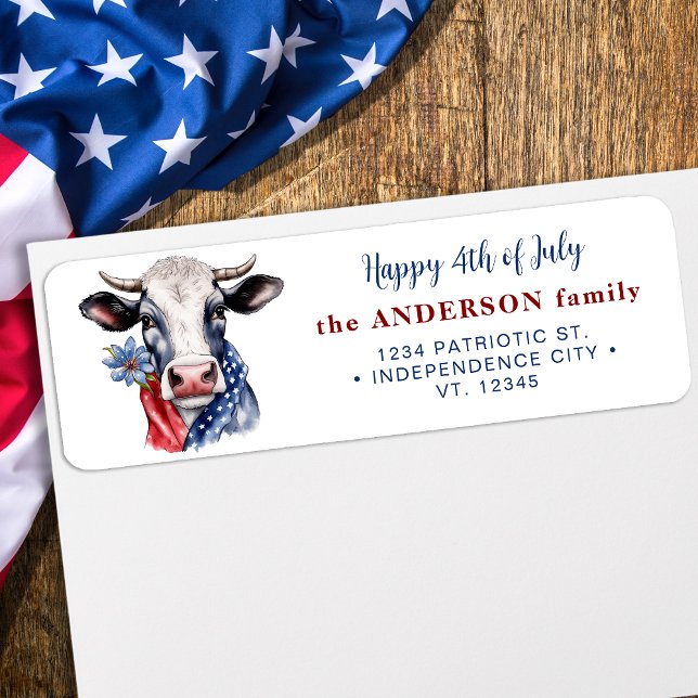 Etiqueta Patriotic Cow American 4 De Julho Endereço De Devo (Criador carregado)