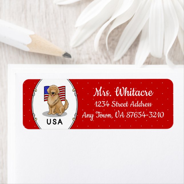 Etiqueta Patriótico do Cão Ouro de Bandeira Americano (Insitu)