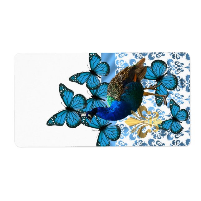 Etiqueta Pavão bonito e borboletas azuis (Frente)