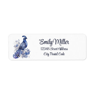 Etiqueta Pavão de estilo Delft azul e branco com flores