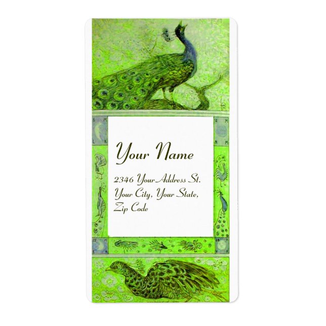 Etiqueta PEACOCKS DE AMOR DE CASAMENTO, branco verde (Frente)
