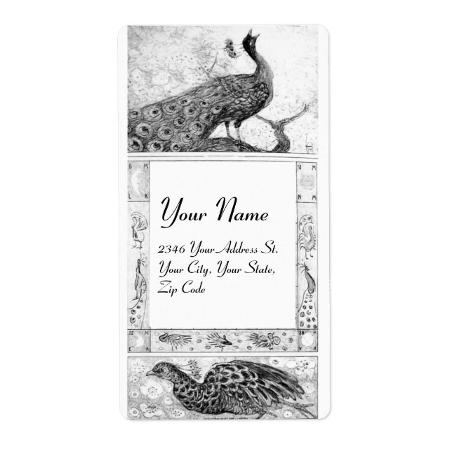 Etiqueta PEACOCKS DE AMOR DE CASAMENTO, preto e branco (Frente)