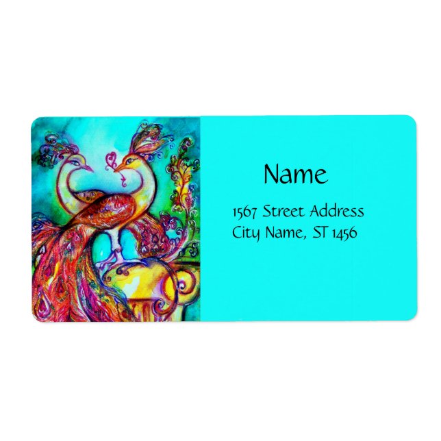 Etiqueta PEACOCKS NO AMOR, azul-vermelho-turquase-verde (Frente)