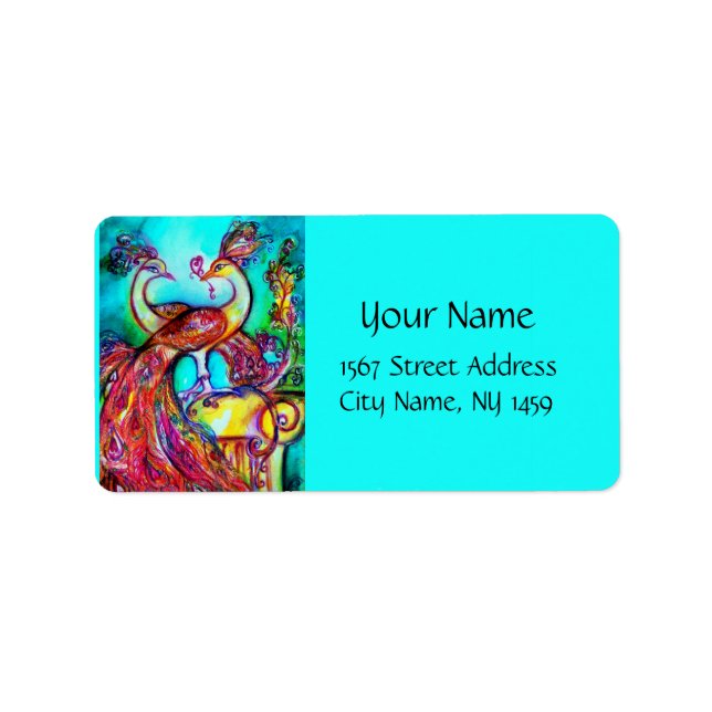 Etiqueta PEACOCKS NO AMOR, azul-vermelho-turquase-verde (Frente)