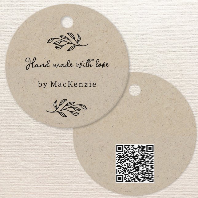 Etiqueta Pendente Preço QR code Marrom Feito à Mão (Hand Made with Love custom name botanical leaf line art small business maker price or hang tags)