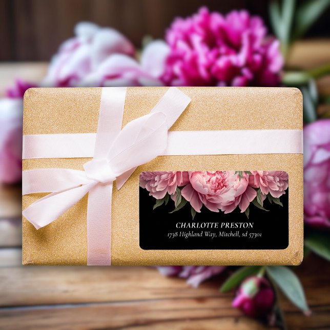 Etiqueta Peônias Rosa Endereço de Devolução Despedida de So (Pink Peonies Black Bachelorette Return Address Label)