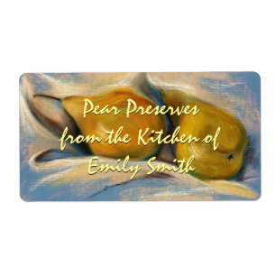 Etiqueta Peras amarelas em latas de desenho de papel azul