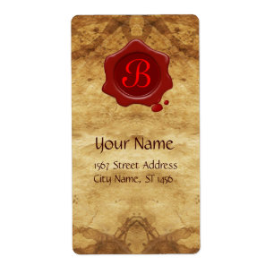 ETIQUETA PERGAMINHO MARROM, MONOGRAMA VERMELHO DO SELO DA