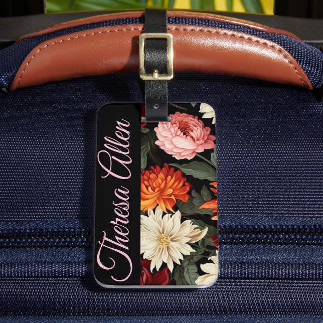 Etiqueta personalizada de bagagem negra e rosa (Frente Insitu 2)