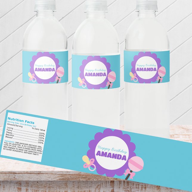 Etiqueta Personalizada de Garrafa de Água de Anive (Baby Doll Birthday Water Bottle Wrappers with Adorable Nutrition Label Backside. Pink, Purple & Teal)
