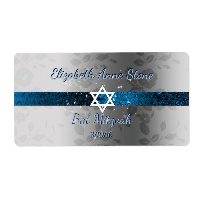 Etiqueta Personalizado, Bat Mitzvah, Azul e Prata, Garrafa  (Frente)