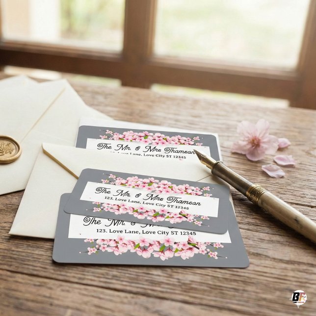 Etiqueta Personalized Grey & Pink Cherry Blossom Wedding  (Criador carregado)