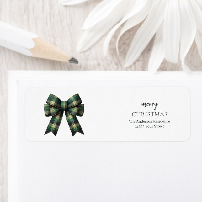 Etiqueta Personalized Merry Christmas | Green Plaid Bow (Insitu)