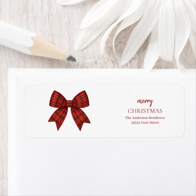 Etiqueta Personalized Merry Christmas | Red Plaid Bow (Insitu)