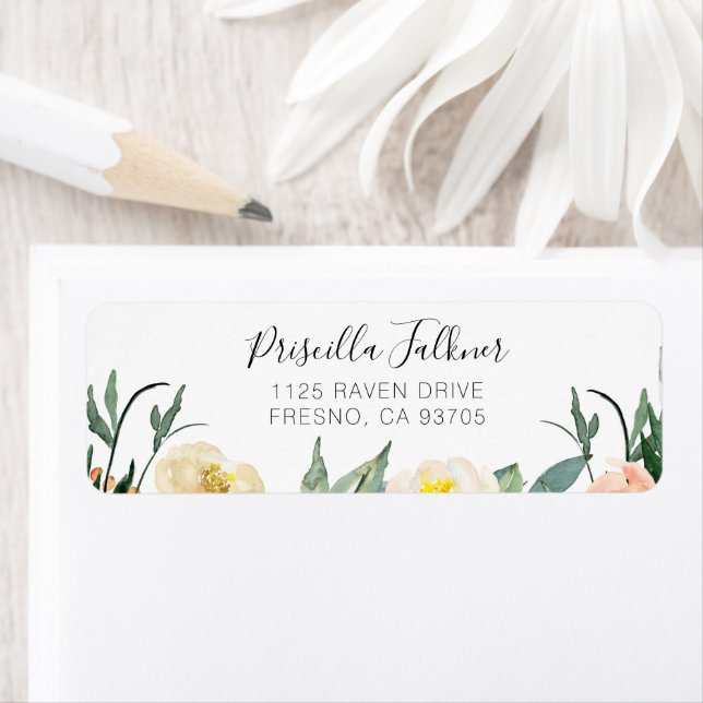 Etiqueta Pêssego Elegante e Flores de Aquarelas de Creme (Insitu)