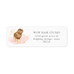 Etiqueta pincel de cabelo cor-de-rosa updo salão retorno