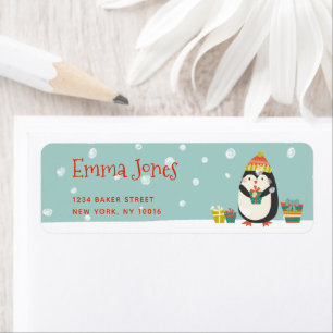 Etiqueta Pinguim bonito com presente Natal Aqua