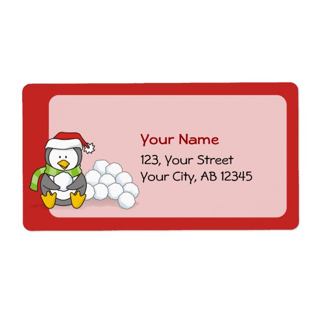 Etiqueta Pinguim de Natal sentado com bolas de neve (Frente)