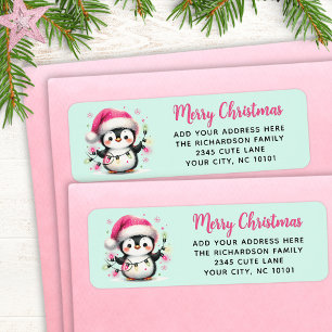 Etiqueta Pinguim Feliz de Natal com Luz Rosa