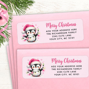 Etiqueta Pinguim Feliz de Natal com Luzes Rosa