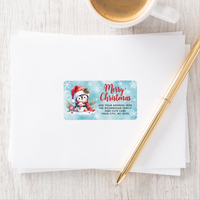 Etiqueta Pinguim Vermelho e Azul - Natal Personalizado (Insitu)