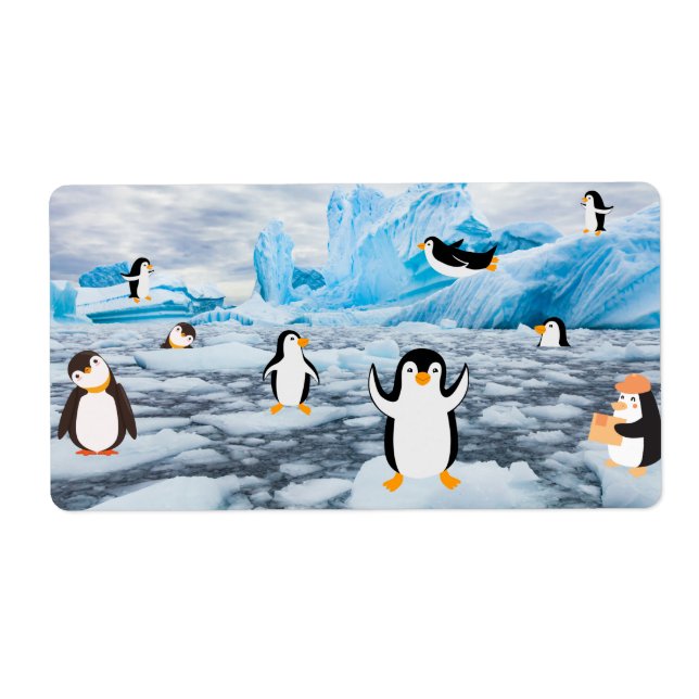 Etiqueta pinguins bonitos no gelo da Antártica (Frente)